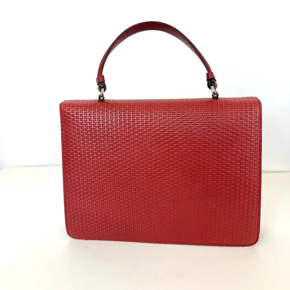Ferragamo Gancini Woven Top Handle Satchel Bag Red Leather Made in Italy